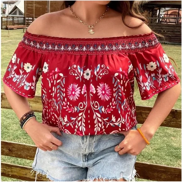 Plus Floral Print Off Shoulder Cottagecore Blouse - Picture 3 of 11